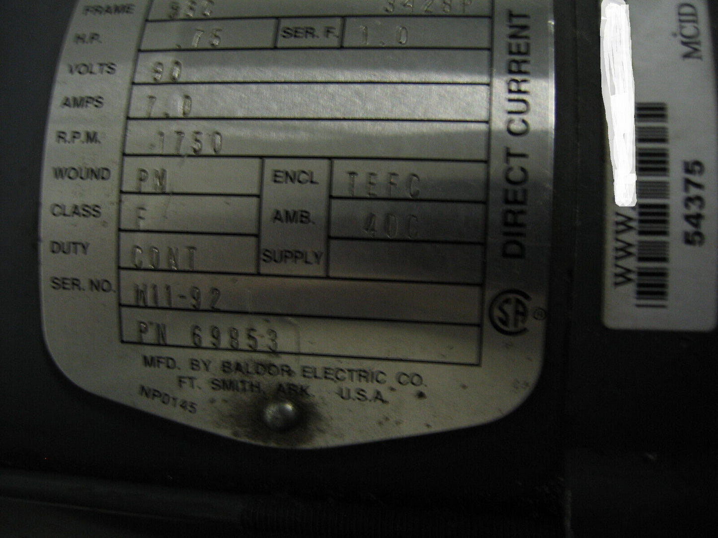 BOSTON GEAR DC MOTOR CAT # PM975TF-B 3/4 HP 90 VOLTS - FOR PARTS/REPAIR