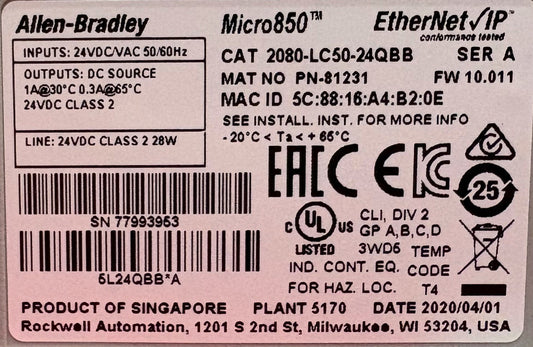 Allen Bradley MICRO850 CONTROLLER 2085-LC50-24QBB w/ 2085-OB32-SC & 2085-ECR