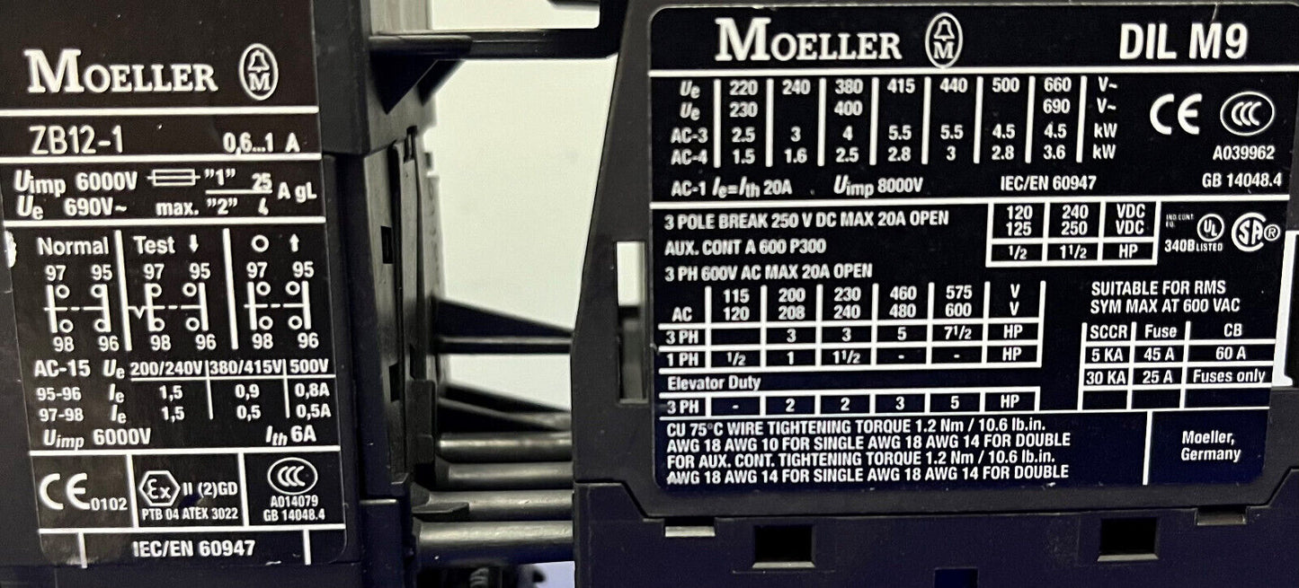 EATON MOELLER DILM9-10 CONTACTOR & ZB12-1 MOTOR OVERLOAD PROTECTION RELAY  QTY 2