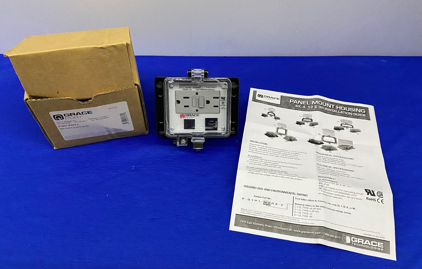 GRACE PORT® P-Q17-K2RF3 N4X RJ45 F-F/ GFCI 3A CB GFCI INSIDE-OUTLET PANEL MOUNT