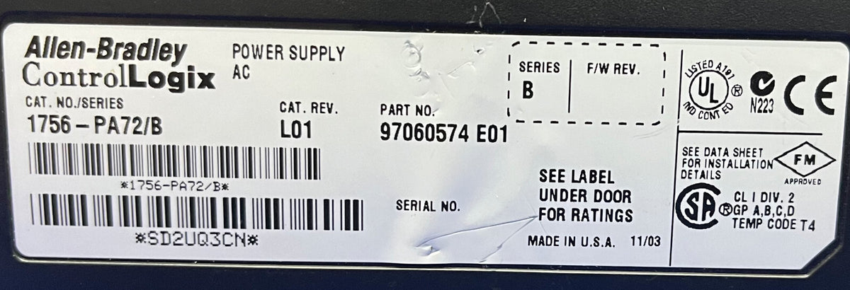 Allen-Bradley AB CONTROLLOGIX 1756-PA72/B SER B ALIMENTAZIONE CA - PARTI/RIPARAZIONE
