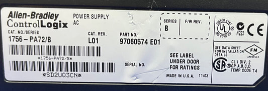 Bloc d'alimentation secteur Allen-Bradley AB CONTROLLOGIX 1756-PA72/B série B - Pièces/Réparation