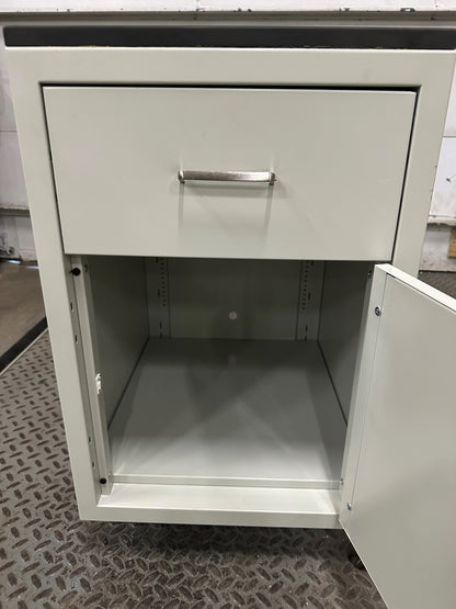 TAN COLORED STEEL CABINET BLACK CHEM TOP SURFACE PULL OUT DRAWER AND SWING DOOR