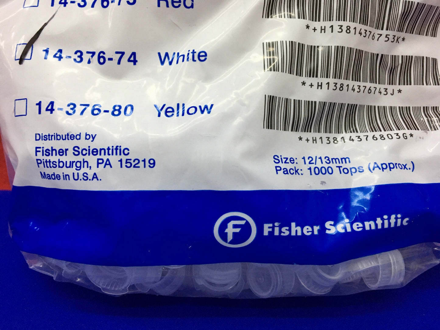 1 PACKAGE - FISHER SCIENTIFIC SAFETY CLOSURES 14-376-74 WHITE SIZE:12/13mm