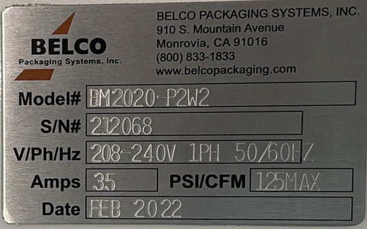 BELCO BM2020-P2W2 BLISTER SEALER MEDICAL TRAY PACKAGING SYSTEM 208-240V 1 PH