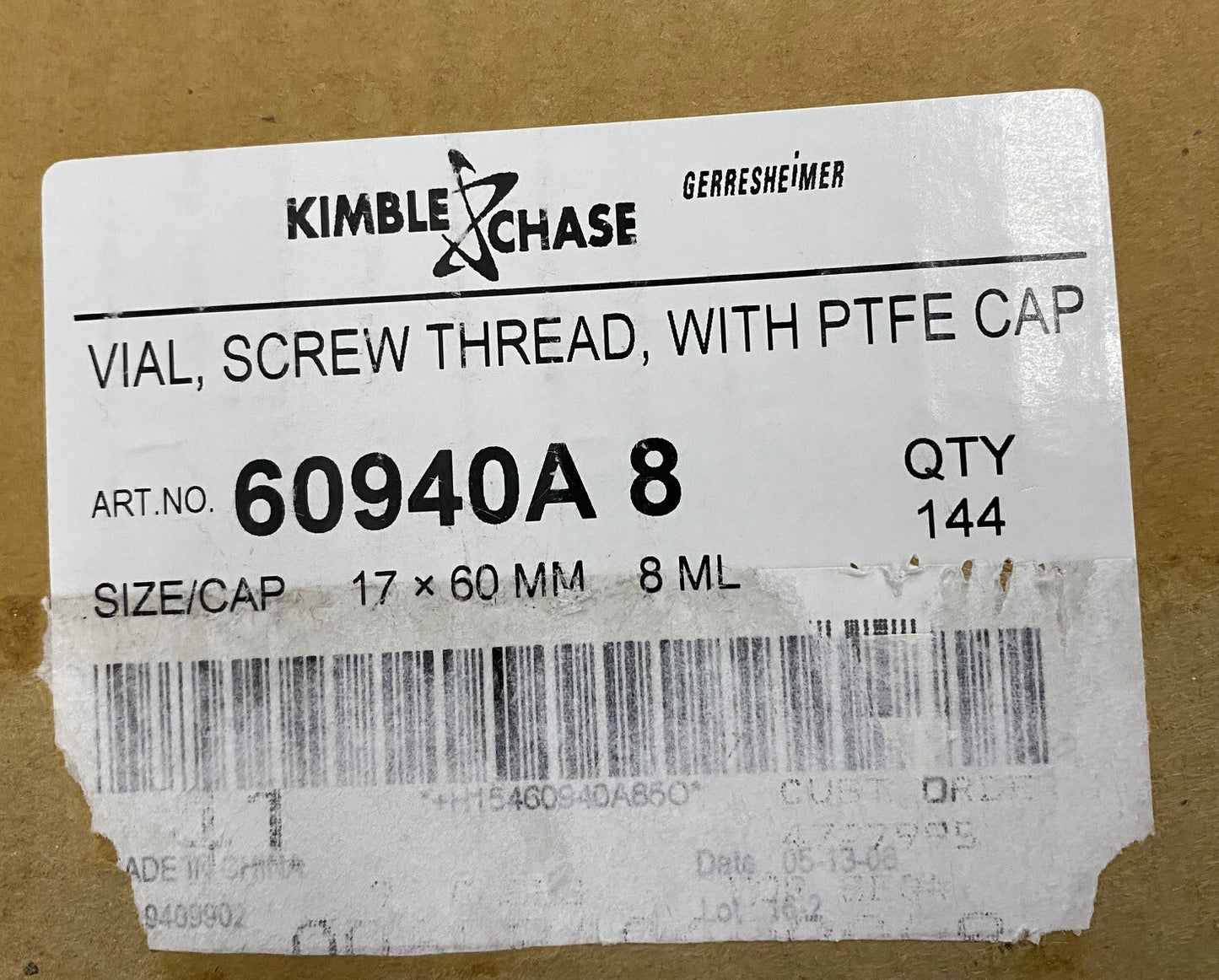 KIMBLE CHASE 60940A 8 / 60940A-8 FLACONSCHROEFDRAAD MET PTFE-DOP - 2 VERPAKKINGEN VAN 144EA 