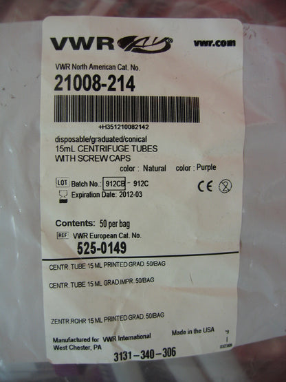 Tubes à centrifuger de 15 ml, VWR SCIENTIFIC, réf. 21008-214, 525-0149 (150 tubes)