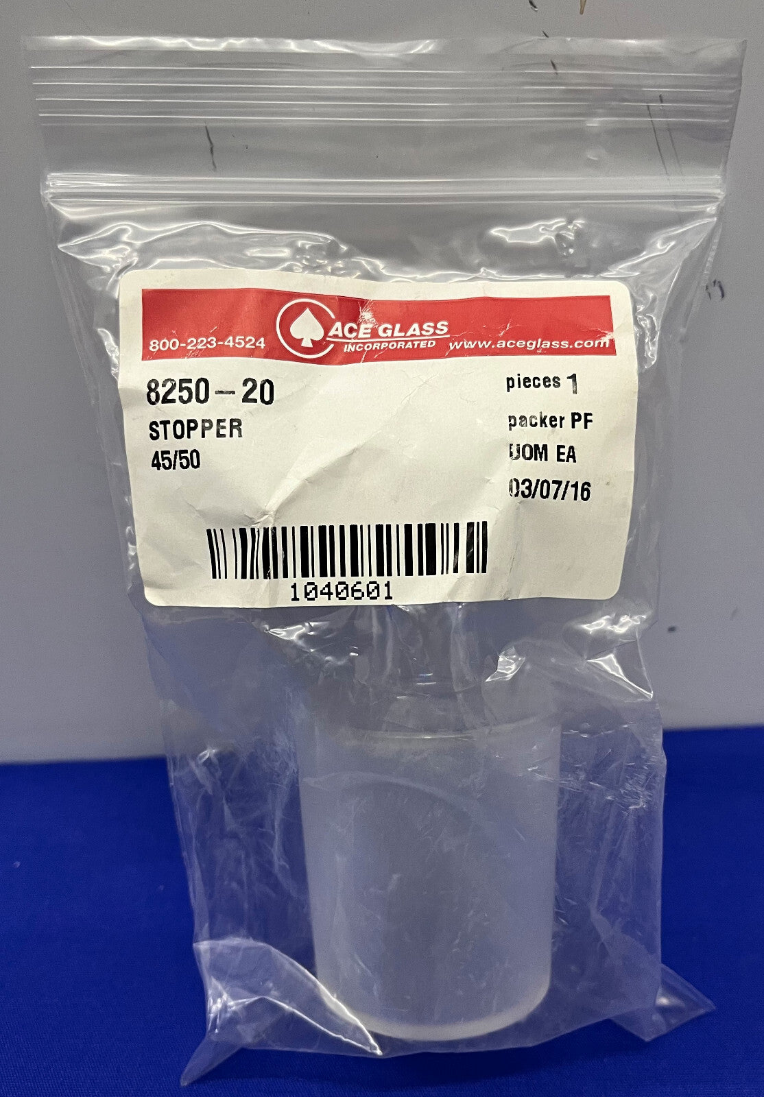 ACE GLASS 8250-20 HOLLE GLASSTOPPER MET VOLLEDIGE LENGTE 45/50 VOEG