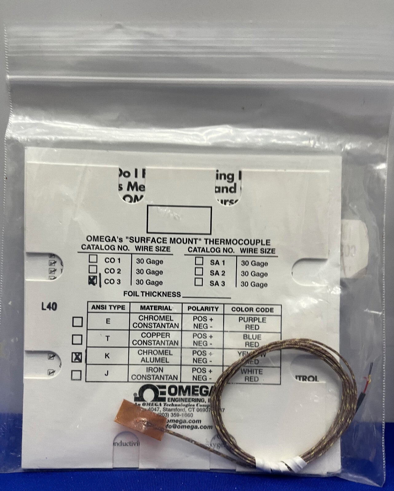 OMEGA CO3-K "CEMENT-ON" THERMOKOPPEL "OPPERVLAKTE MONTAGE" 30 GAGE ​​- 1 PARTIJ VAN 2