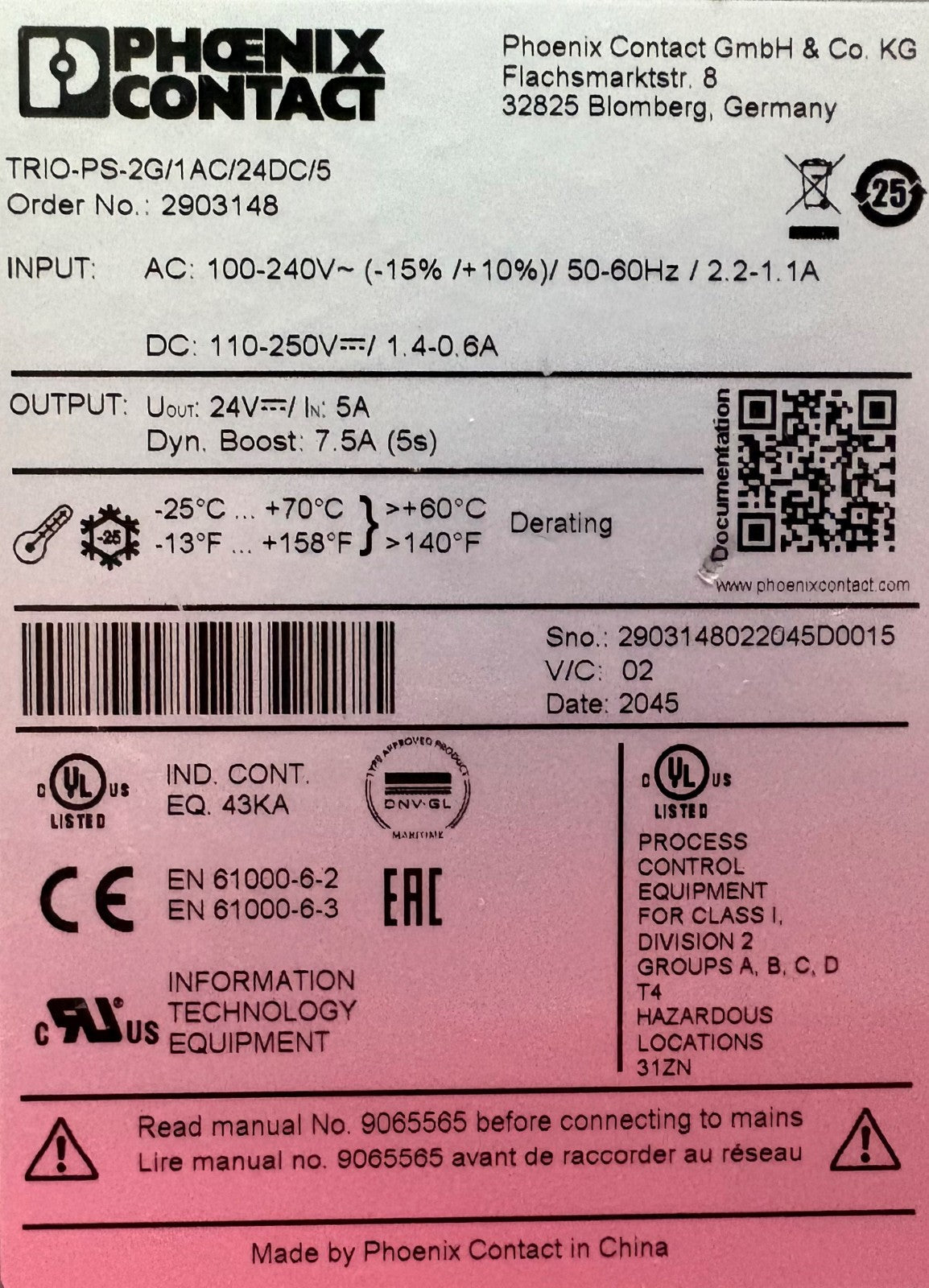 PHOENIX CONTACT TRIO-PS-2G/1AC/24DC/5 2903148 24VDC POWER SUPPLY - 1 LOT QTY 2