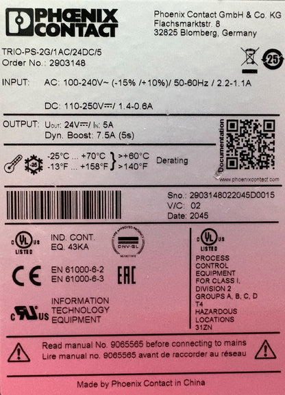 PHOENIX CONTACT TRIO-PS-2G/1AC/24DC/5 2903148 24VDC POWER SUPPLY - 1 LOT QTY 2