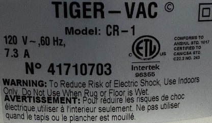 TIGER-VAC CR-1 CLEANROOM VACUUM CLEANER - FILTER DAMAGED BENT - NO ATTACHMENTS