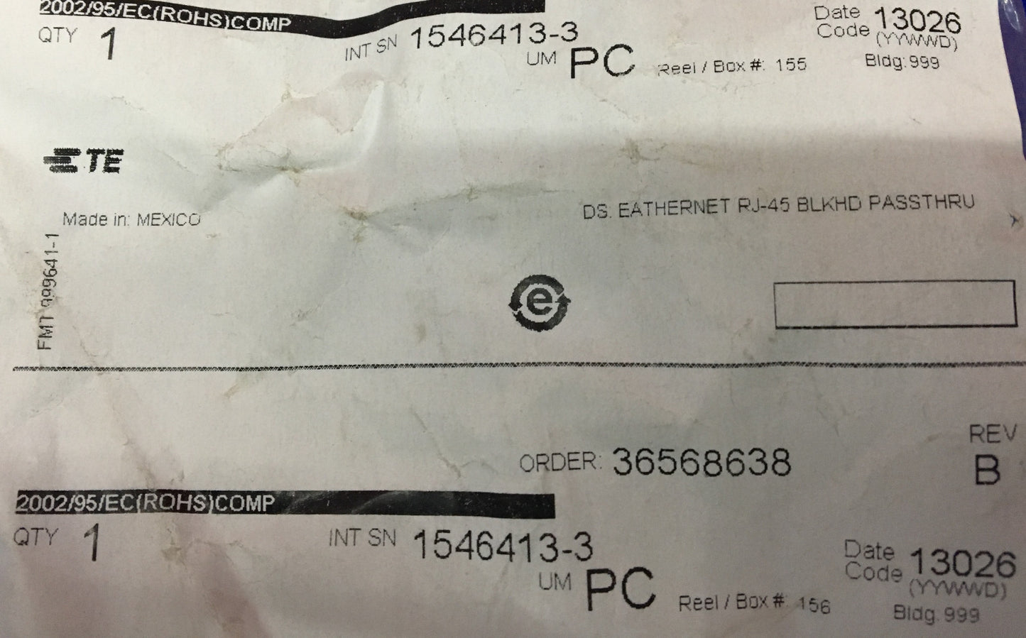 TE CONNECTIVITY RJ-45 EATHERNET NERO PASSANTE PASSANTE JACK PARATIA