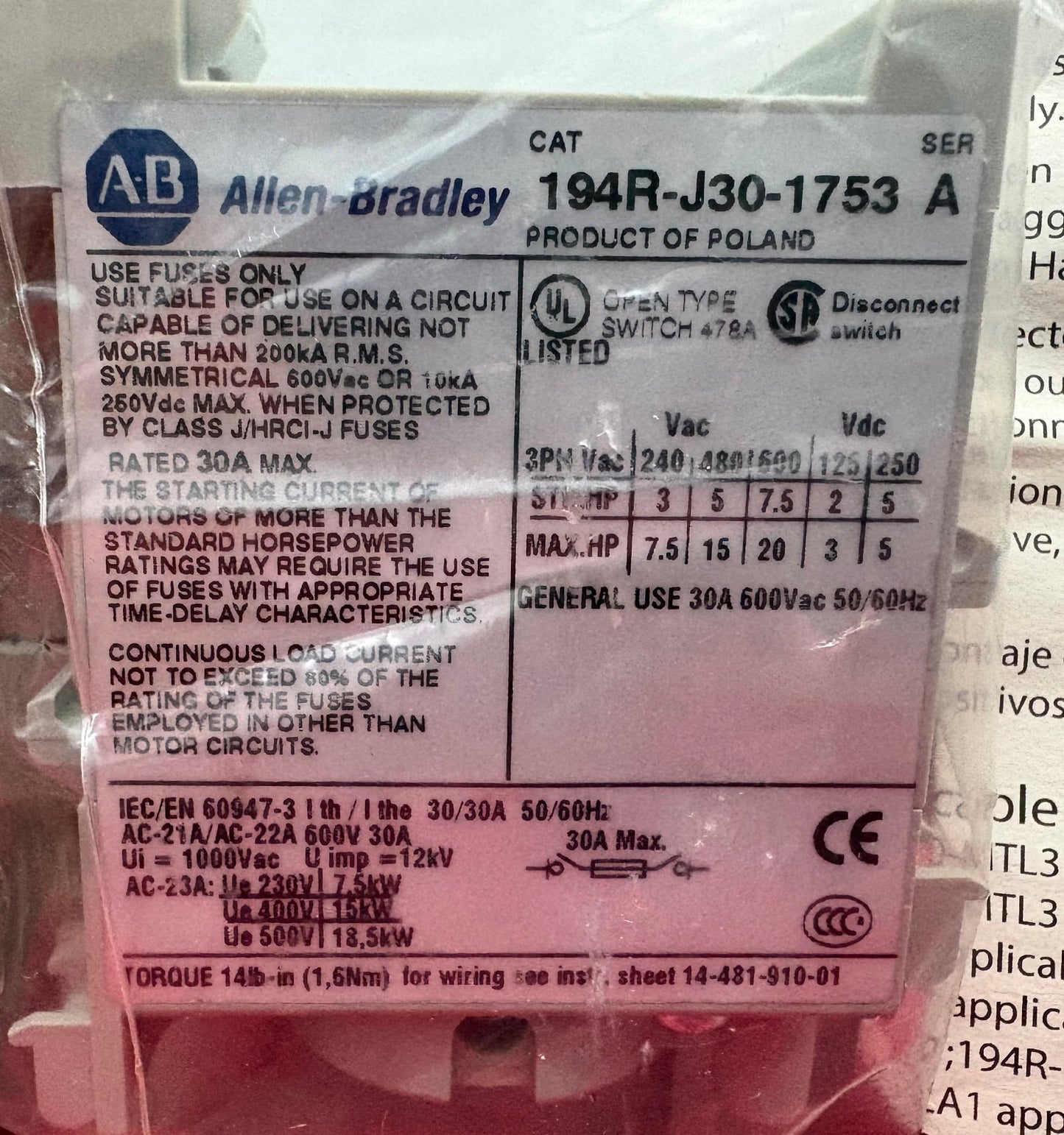 Allen Bradley AB 194R-J30-1753 SER A SWITCH DISCONNECTOR 3-POLE 600V 30AMP