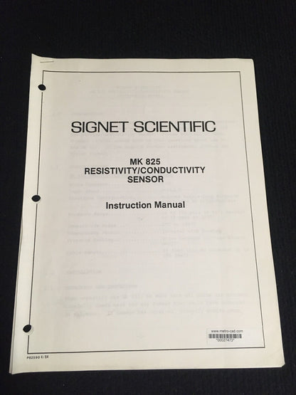 MANUEL D'INSTRUCTIONS DU CAPTEUR DE RÉSISTIVITÉ/CONDUCTIVITÉ SIGNET SCIENTIFIC MK 825