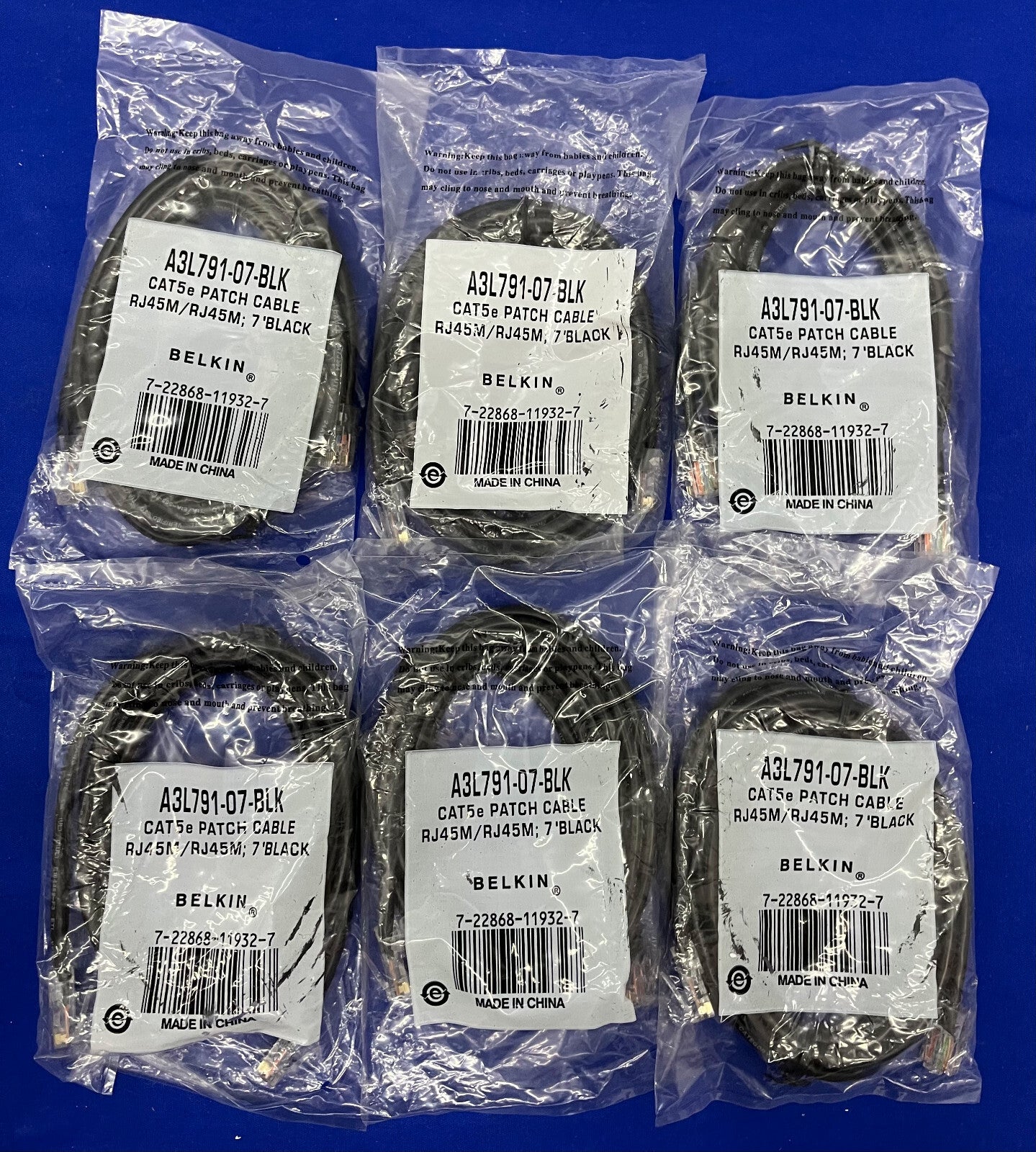 BELKIN® CAT5e パッチケーブル RJ45M/RJ45M 7フィート ブラック A3L791-07-BLK - 1 ロット数量 6 