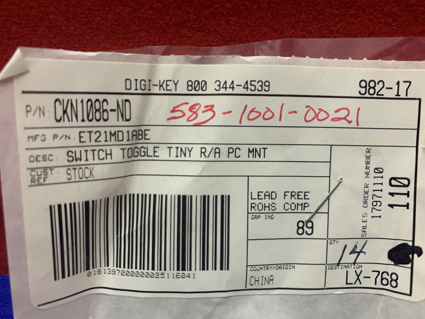 DIGI-KEY C&amp;K-SCHALTER, KIPPSCHALTER ET21MD1ABE TINY R/A PC MNT DPDT.