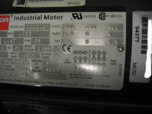 DAYTON ELECTRIC INDUSTRIAL MOTOR 3KX01A MOTOR REF F00-AE41A-M - FOR PARTS/REPAIR