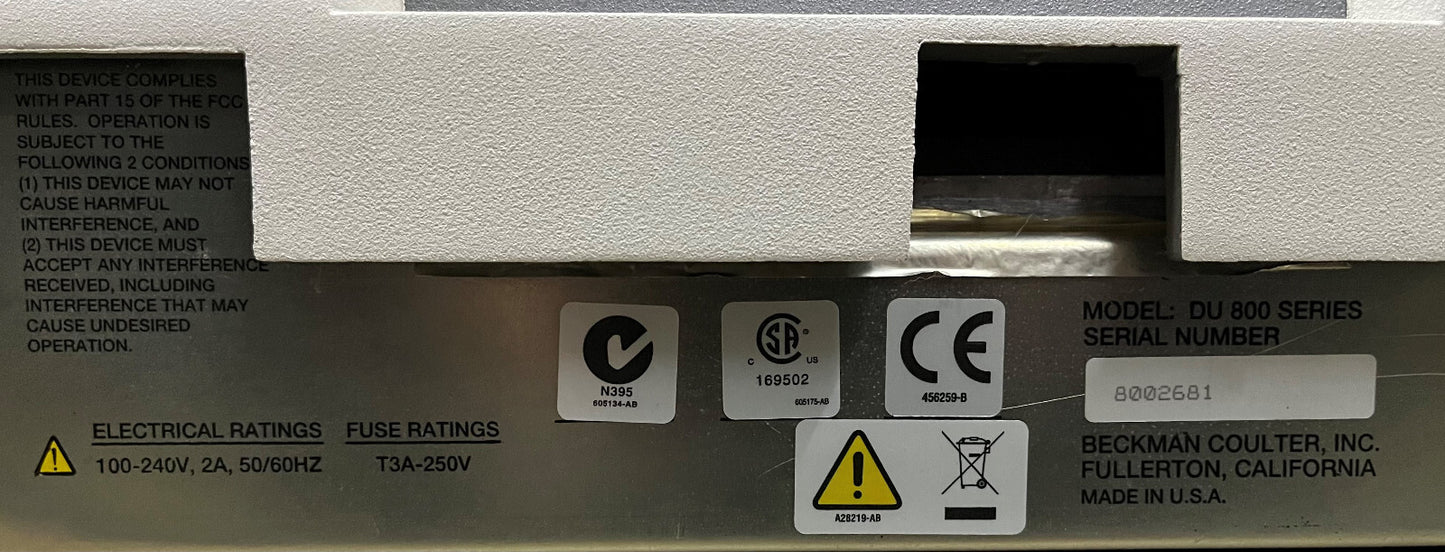 BECKMAN COULTER DU® 800 DU®800 DU800 SCANNING SPECTROPHOTOMETER - PARTS/REPAIR