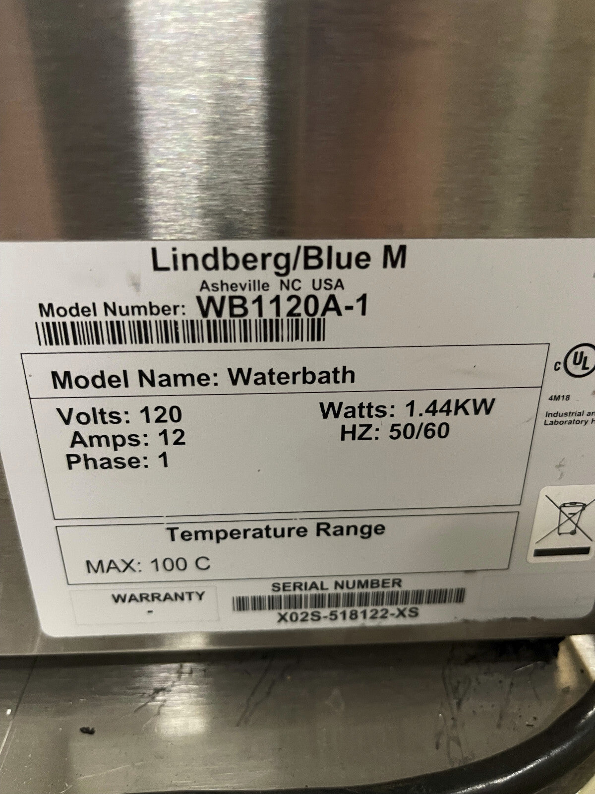 THERMO ELECTRON CORPORATION LINDBERG BLUE M WATER HEATER WATER BATH WB1120A-1 12