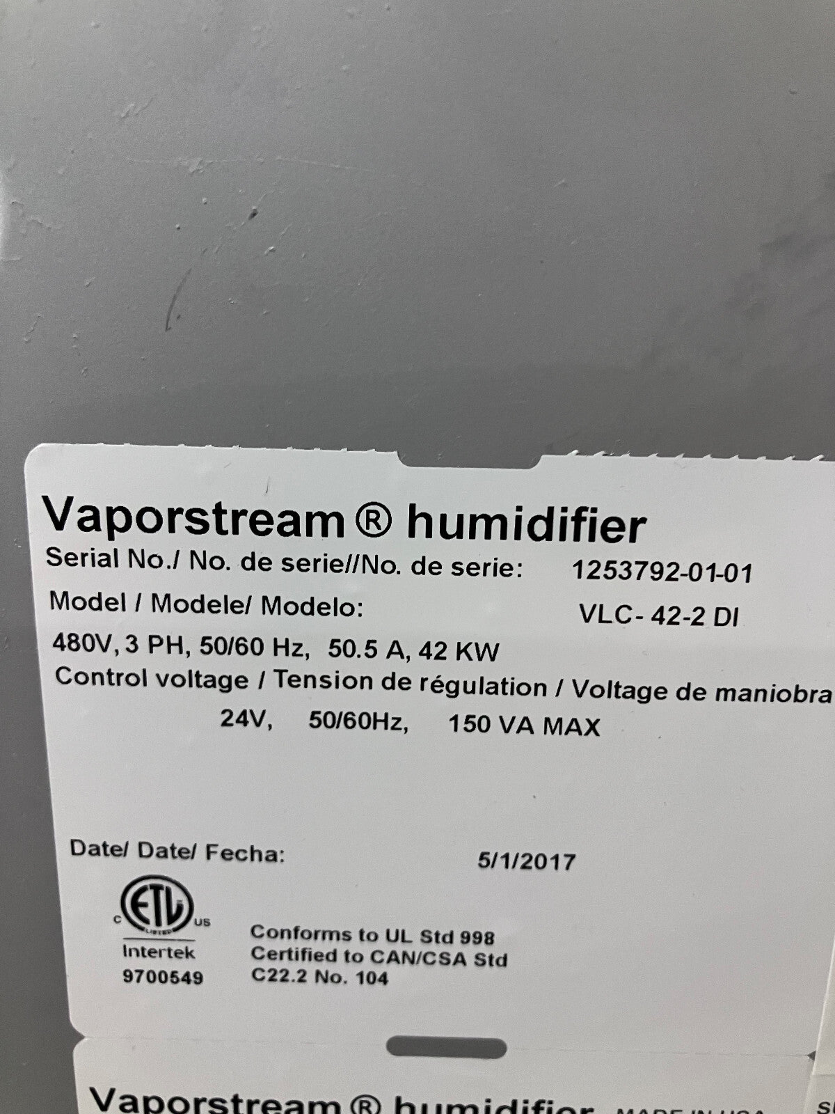 HUMIDIFICATEUR DRISTEEM™ VAPORSTREEM® VLC-42-2 DI 480 V, triphasé, 50/60 Hz, 50,5 A, 42 000 tr/min