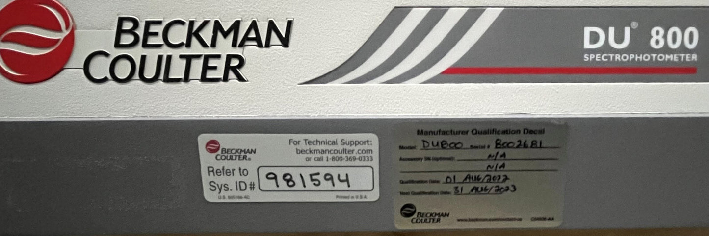 BECKMAN COULTER DU® 800 DU®800 DU800 SCANNING SPECTROPHOTOMETER - PARTS/REPAIR