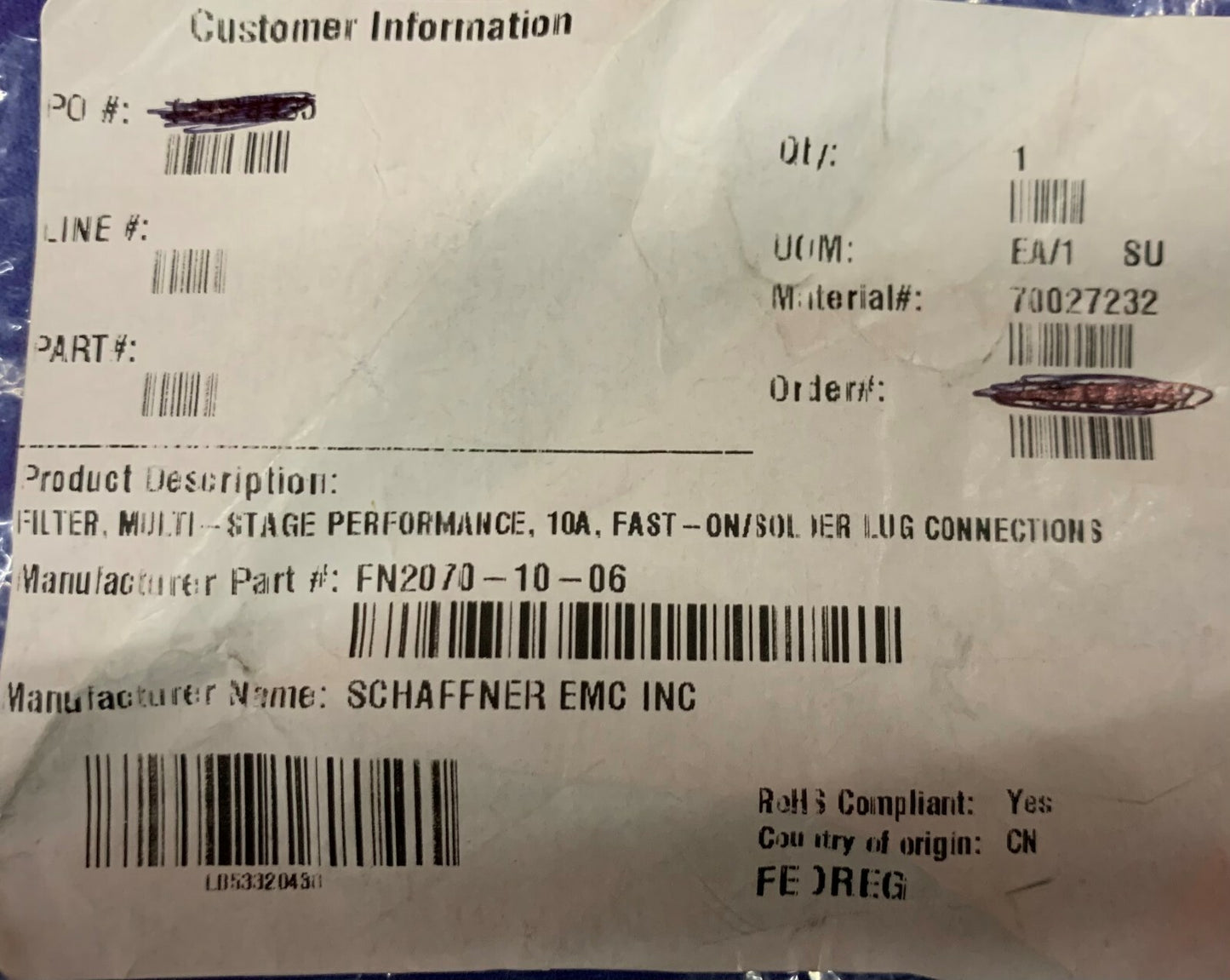 Schaffner Netzfilter Mehrstufige Leistung FN2070-10-06 10A 250V 