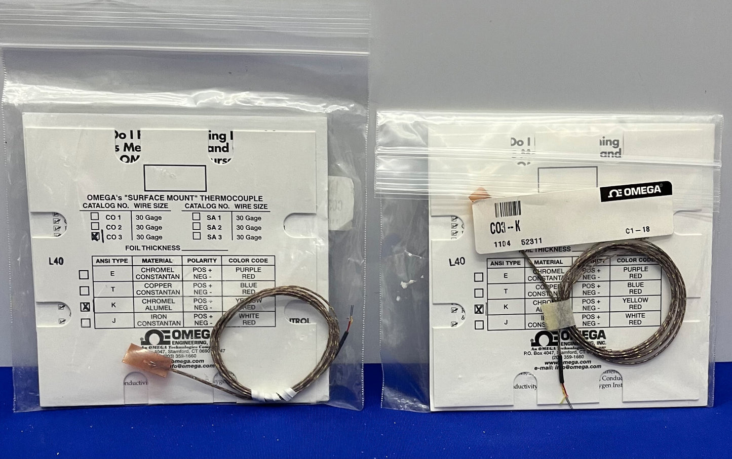 OMEGA CO3-K "CEMENT-ON" THERMOKOPPEL "OPPERVLAKTE MONTAGE" 30 GAGE ​​- 1 PARTIJ VAN 2