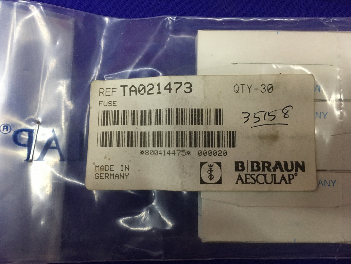 B/BRAUN AESCULAP には、TA007879 1 PKG 50 フィートおよび TA021473 1 PKG 30 ヒューズが含まれます。 