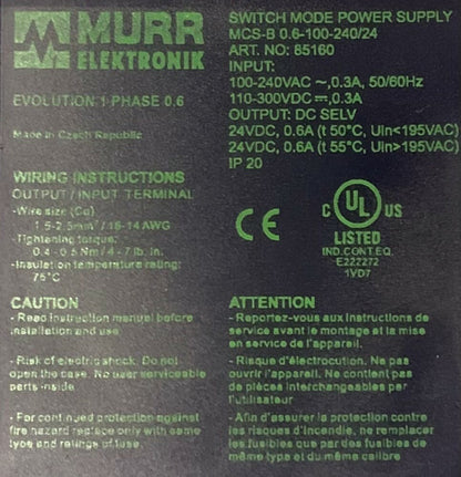 CANTIDAD 3 Murr Elektronik ARTNo.85160 MCS-B 0.6-100-240/24 Fuente de alimentación conmutada