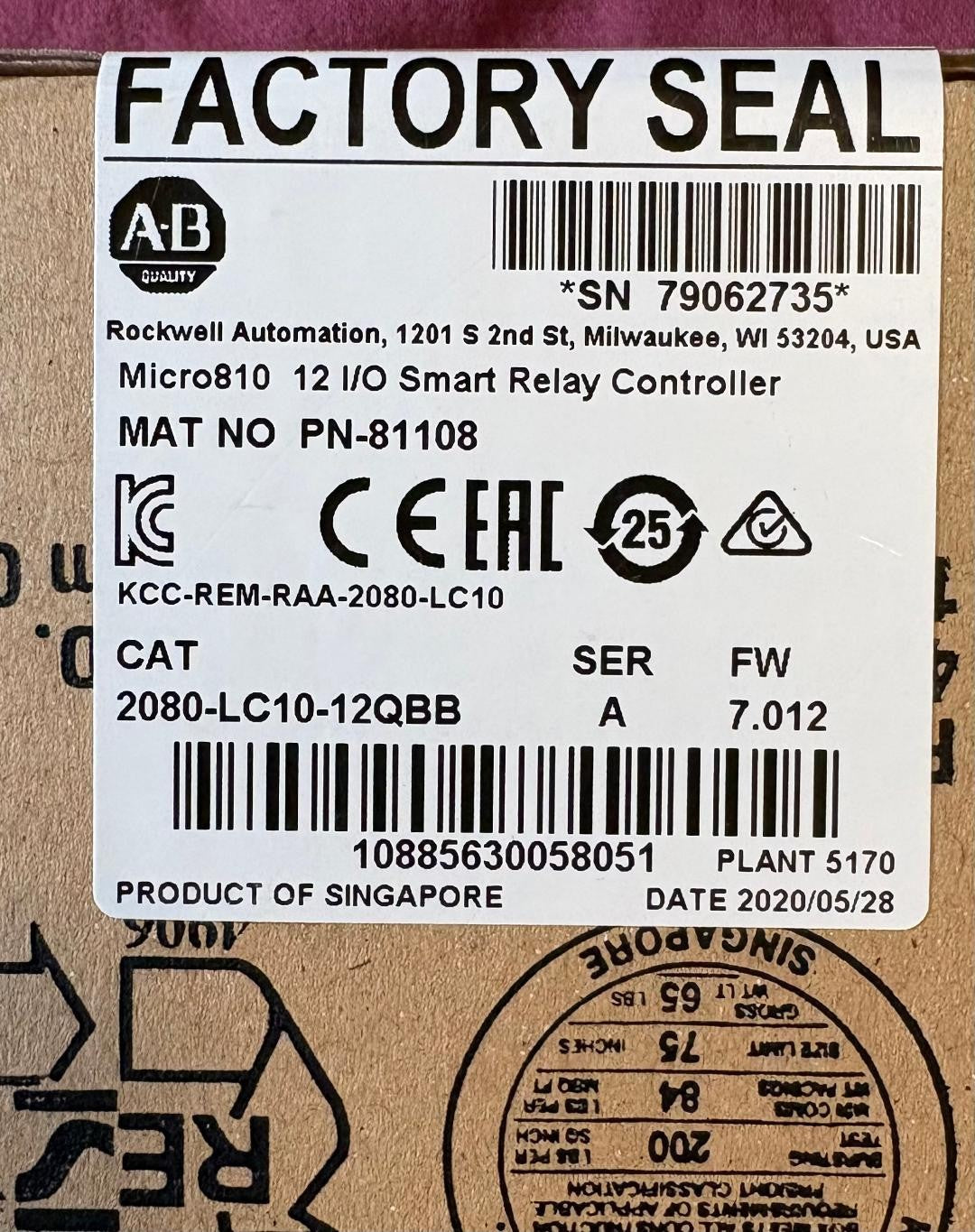 Allen Bradley AB 2080-LC10-12QBB SER A PN-81108 SMART RELAY CONTROLLER