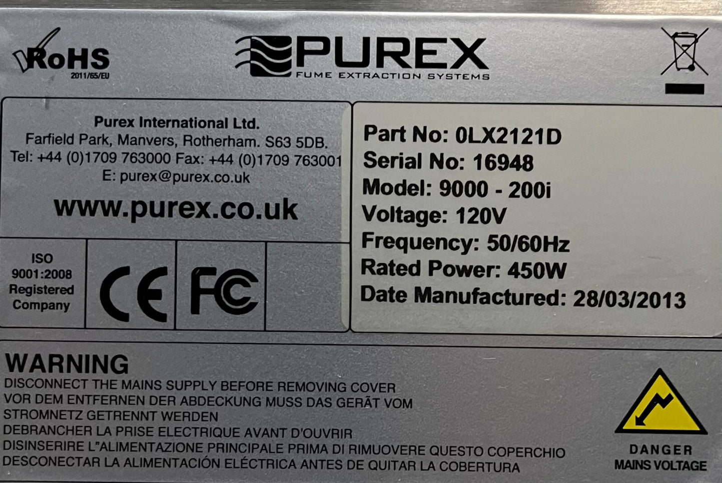 PUREX 0LX2121D 9000 – 200i Rauchabzug – für Teile/Reparatur