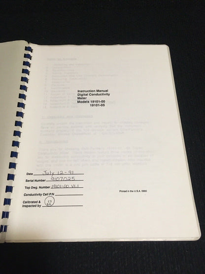 COLE PARMER MANUALE DI ISTRUZIONI CONDUTTIVIMETRO DIGITALE 19101-00 19101-05