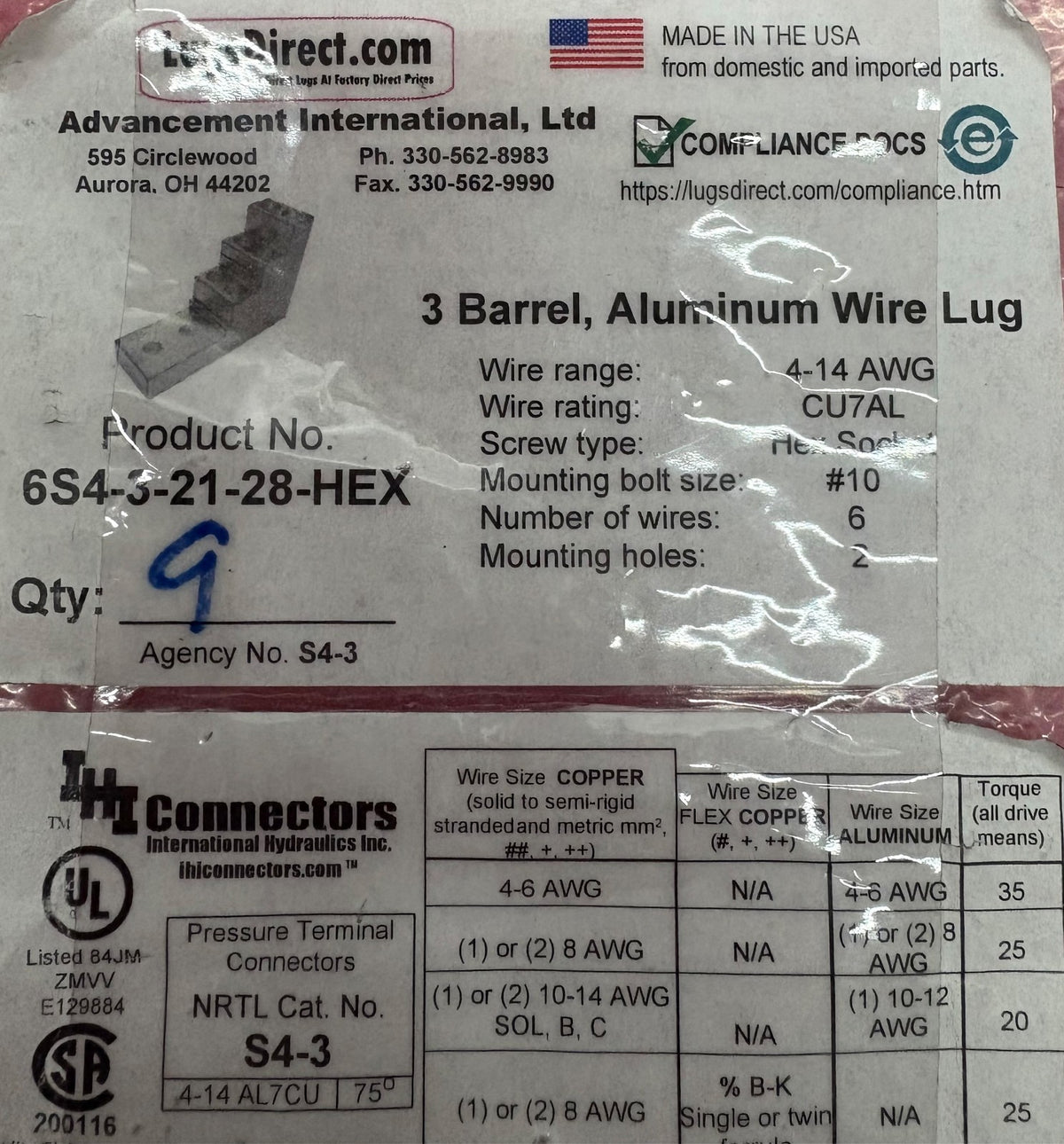 ADVANCEMENT INT'L LUGNUT 6S4-3-21-28-HEX 4 AWG TRIPLE WIRE LUG - 1 PKG QTY 9