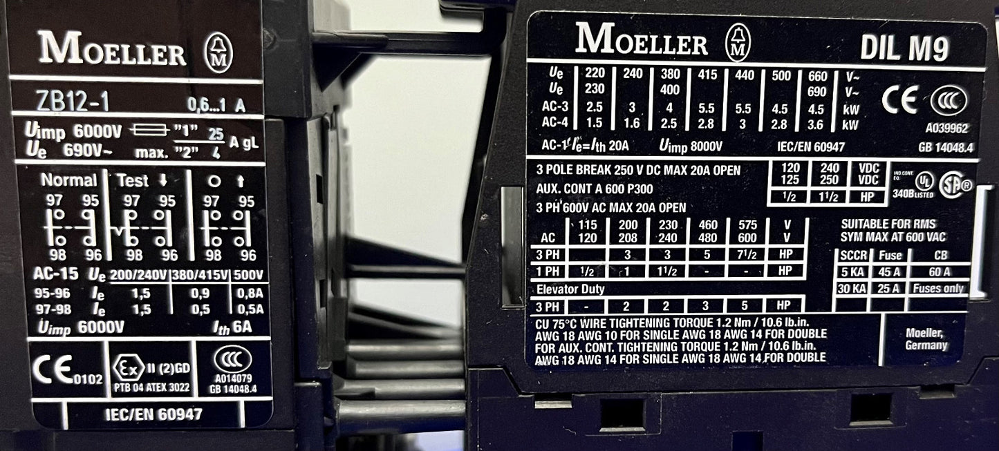CONTATTORE EATON MOELLER DILM9-10 E RELÈ DI PROTEZIONE DA SOVRACCARICO MOTORE ZB12-1 QTY 2