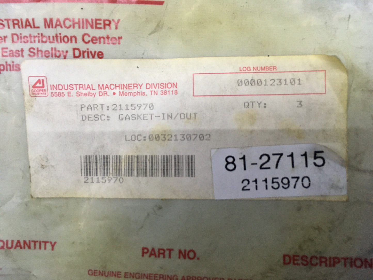 3個入り1パック - GARDNER-DENVER 2115970 / 81-27115 ガスケット IN/OUT