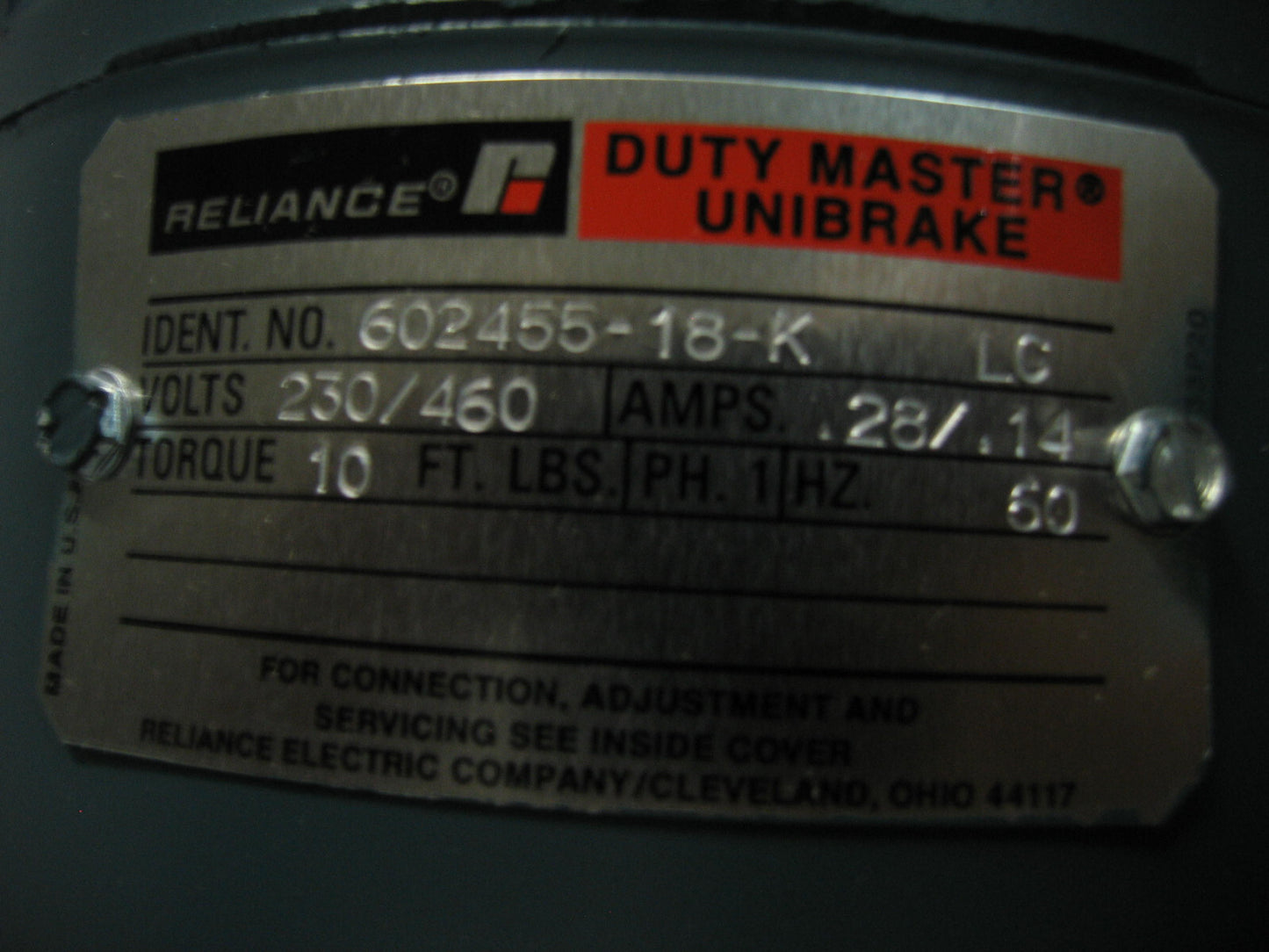 RELIANCE ELECTRIC DUTY MASTER® AC モーター ID: P14H0963S DUTY MASTER® UNIBRAKE 付き
