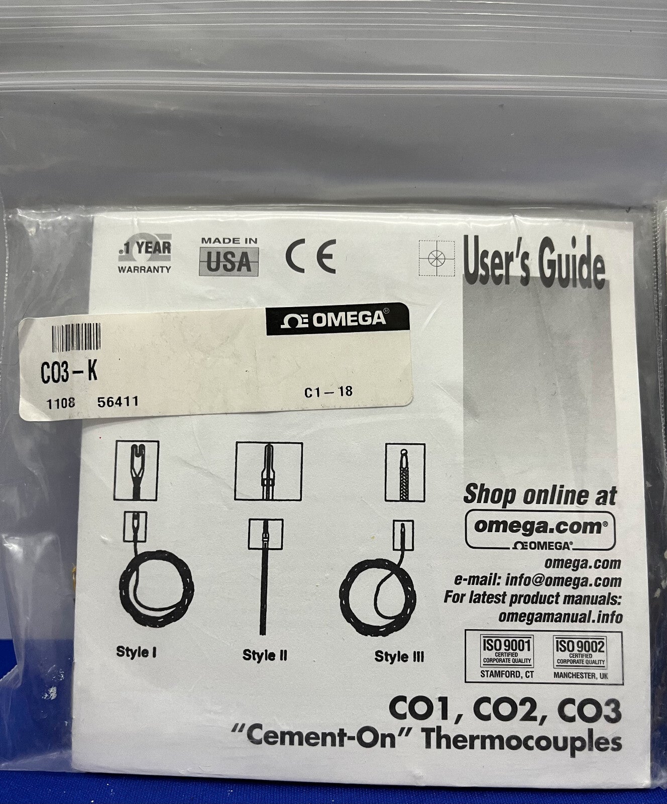 OMEGA CO3-K "CEMENT-ON" THERMOKOPPEL "OPPERVLAKTE MONTAGE" 30 GAGE ​​- 1 PARTIJ VAN 2