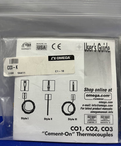 OMEGA CO3-K "CEMENT-ON" THERMOKOPPEL "OPPERVLAKTE MONTAGE" 30 GAGE ​​- 1 PARTIJ VAN 2