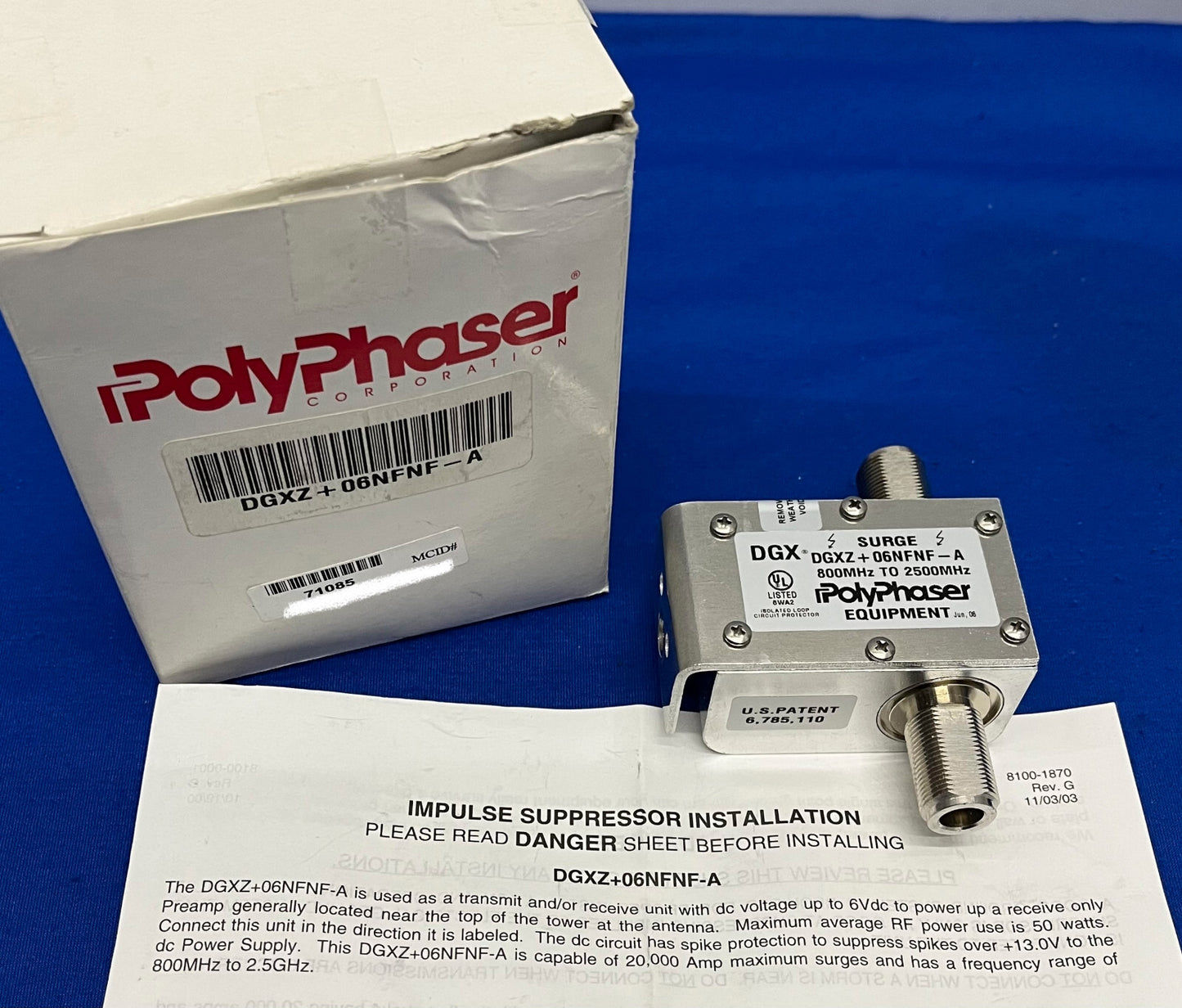 POLYPHASER ® -GERÄT DGX ® / DGXZ+06NFNF-A ISOLIERTER SCHLEIFENSCHALTUNGSSCHUTZ