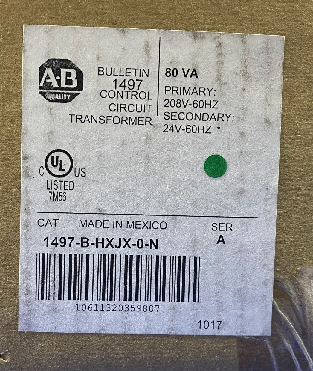 Allen Bradley AB BULLETIN 1497 1497-B-HXJX-0-N SER A CONTROL CIRCUIT TRANSFORMER