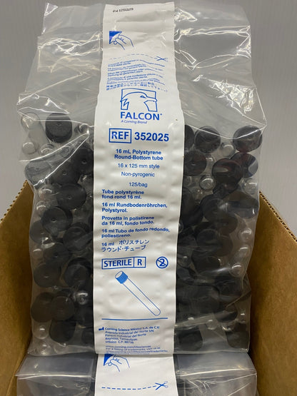 FALCON 352025 16mL POLYSTYRENE ROUND-BOTTOM TUBE 16X125mm - 1 CASE OF 1000 TUBES