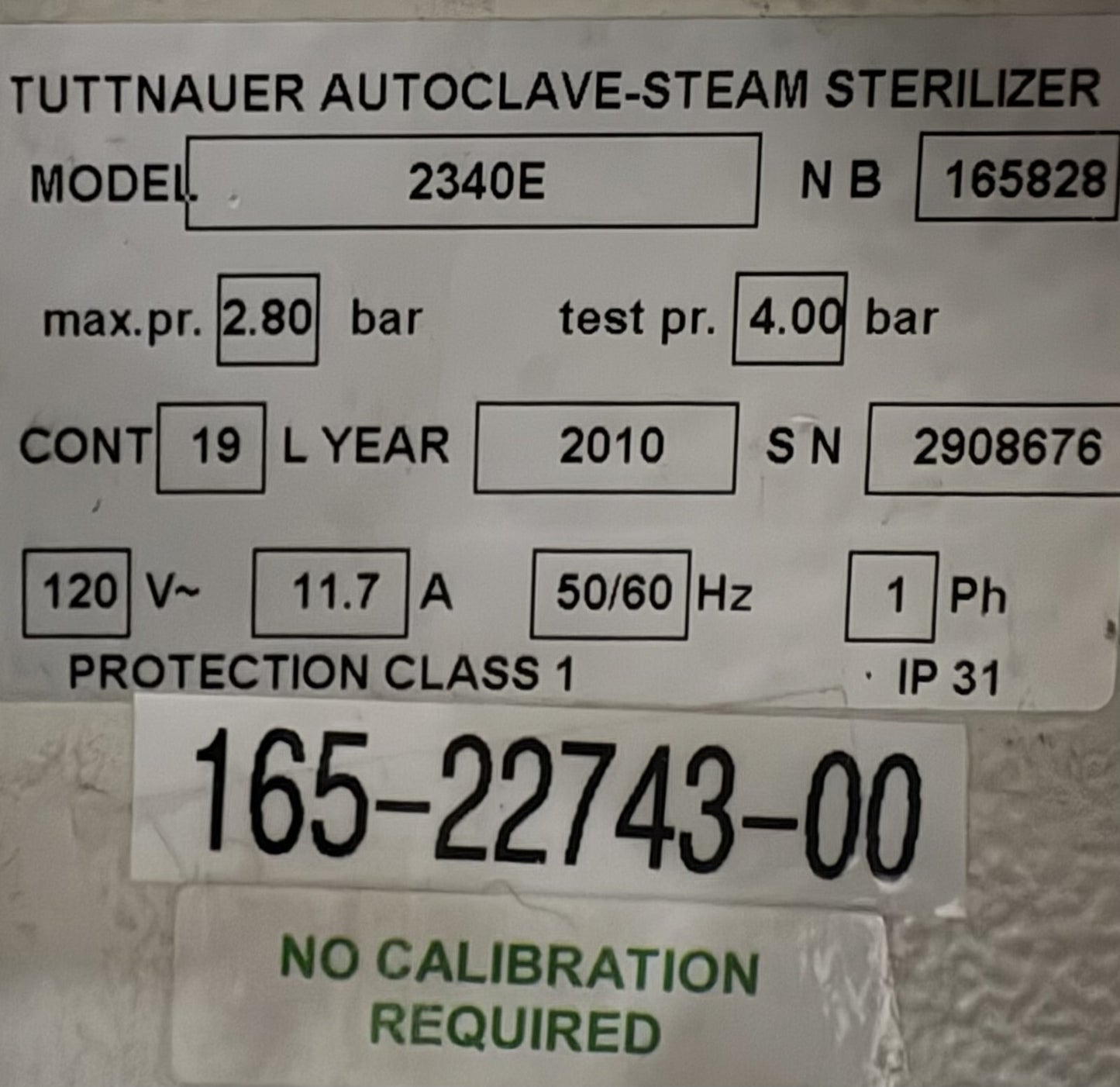 TUTTNAUER AUTOCLAVE STEAM STERILIZER W/ PRINTER 2340E NB 165828