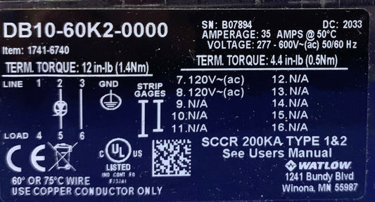 Watlow DIN-A-Mite Leistungsschaltgerät DB10-60K2-0000 Steuereingang/-ausgang