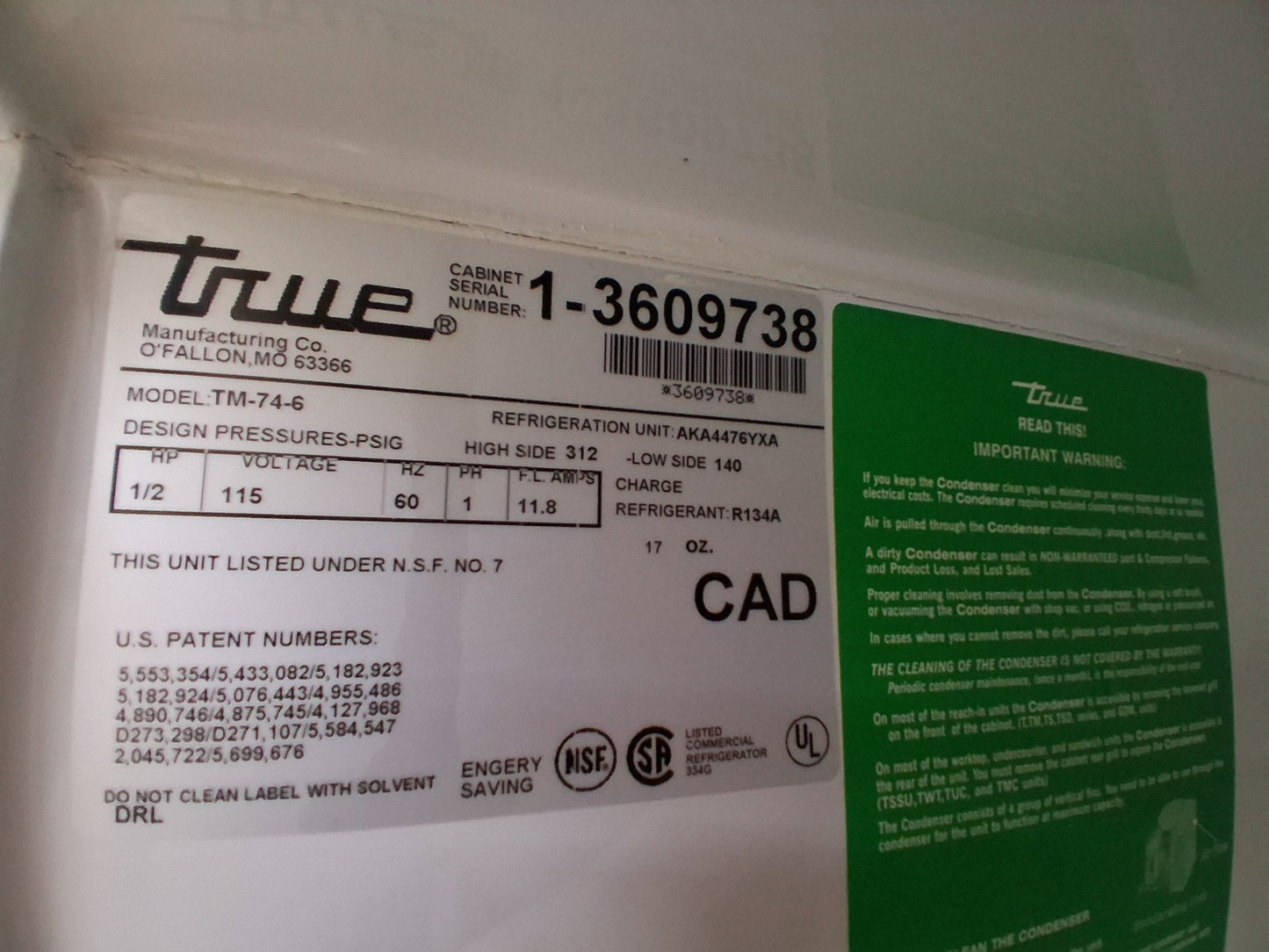 True Refrigerator TM-74-6 1/2 HP 115 V 60 HZ 1 PH 11.8 AMPS Reach in 6 Doors