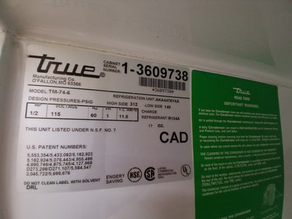True Refrigerator TM-74-6 1/2 HP 115 V 60 HZ 1 PH 11.8 AMPS Reach in 6 Doors