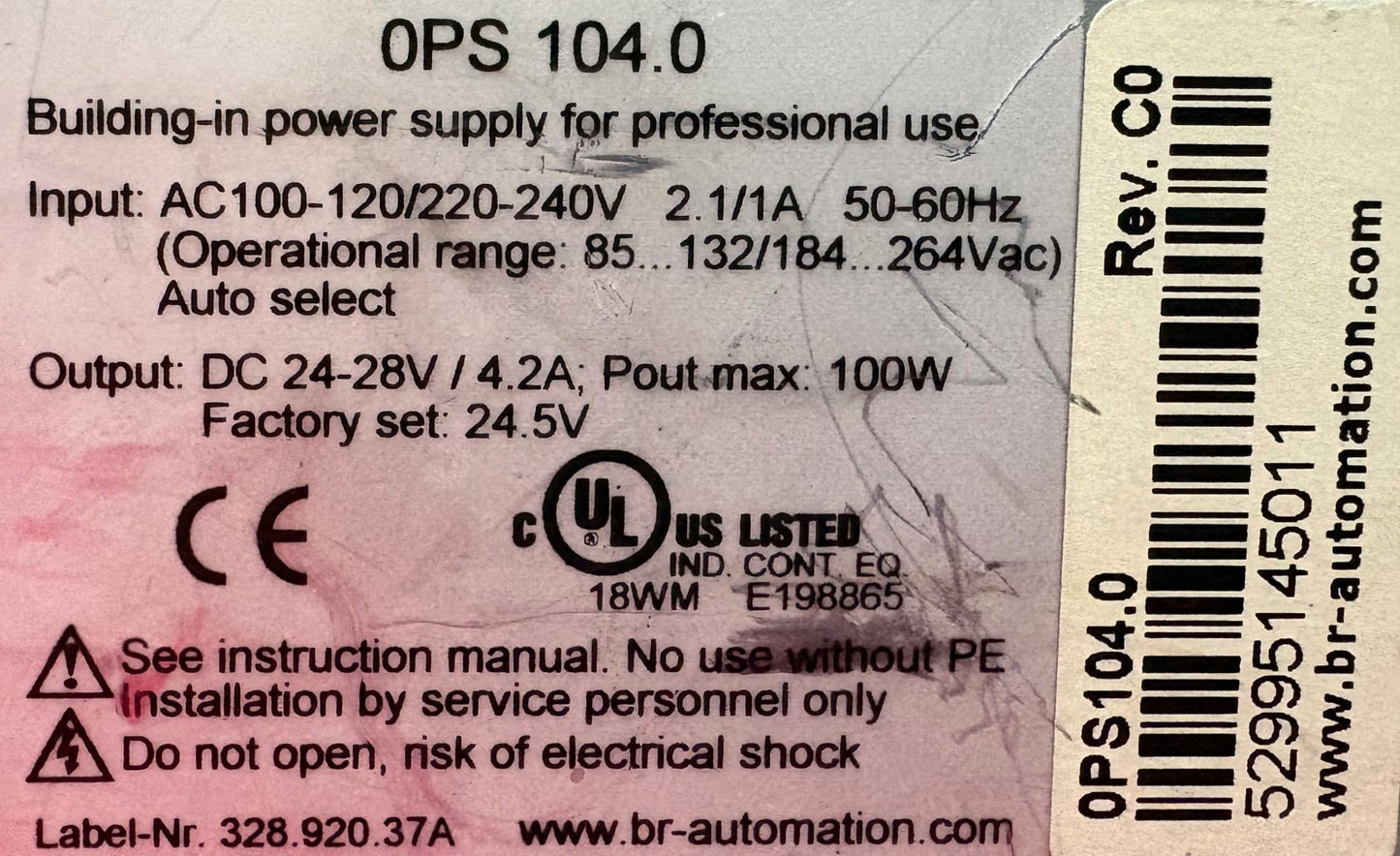 B&R OPS104.0 REV C0 POWER SUPPLY PS104 24VDC 1 PH 4.2A INPUT 100-120/220-240VAC