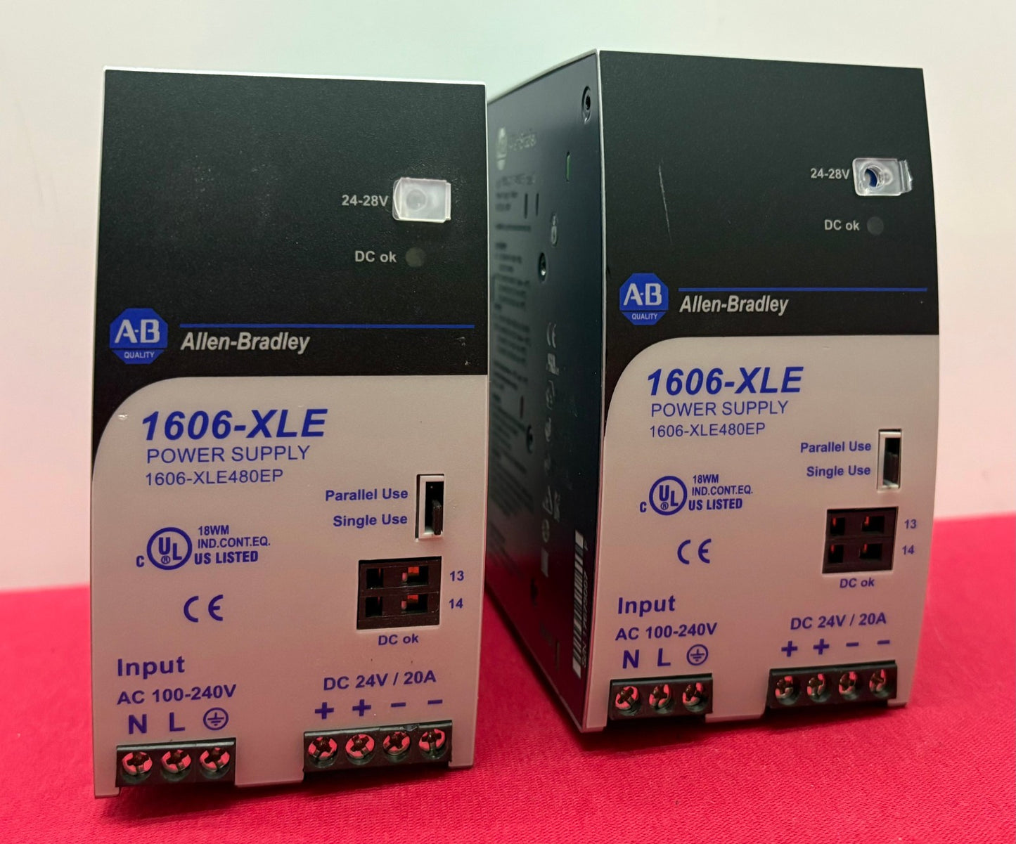 LOT OF 2 AB ALLEN BRADLEY 1606-XLE480EP SER A POWER SUPPLY 1-PHASE 24V 20A 480W