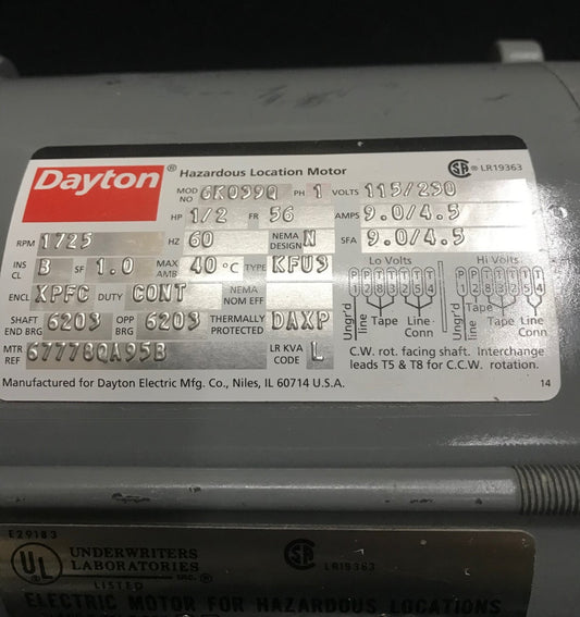 DAYTON 6K039Q HAZARDOUS LOCATION MOTOR ITEM IS USED TESTED WORKS GOOD 1/2 HP