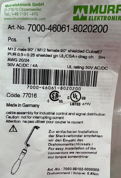 MURR ELECTRONIK 7000-46061-8020200 CABLE M12 Male 90 / M12 Female 90